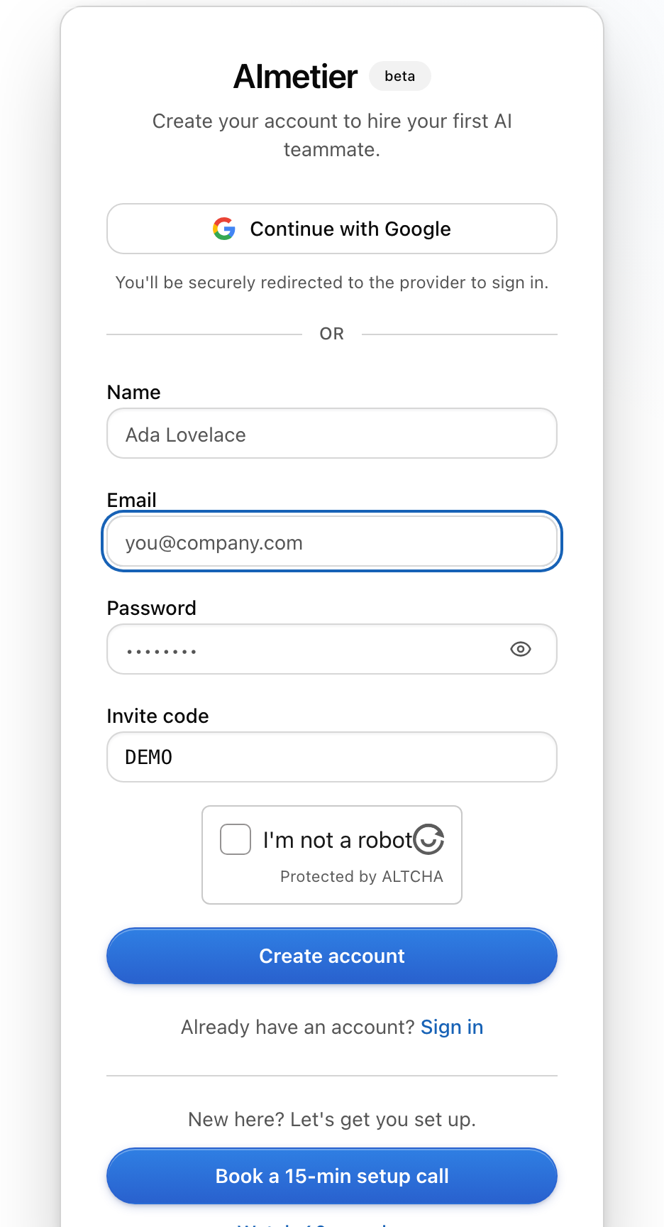 The AImetier sign-up form with the invite code field prefilled.