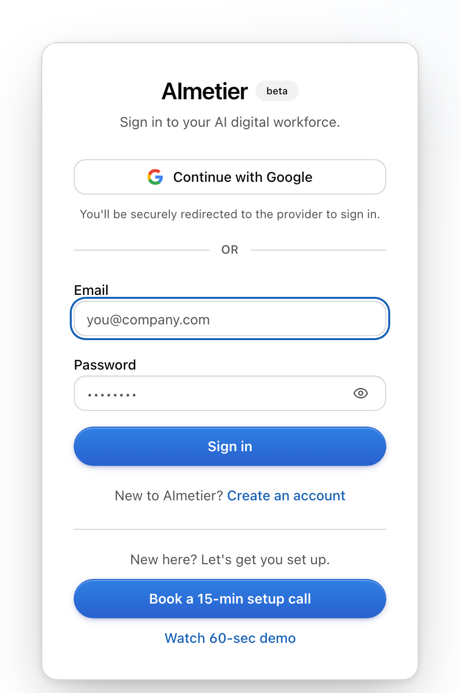 The AImetier sign-in card on app.aimetier.com, with Google sign-in plus email and password fields.